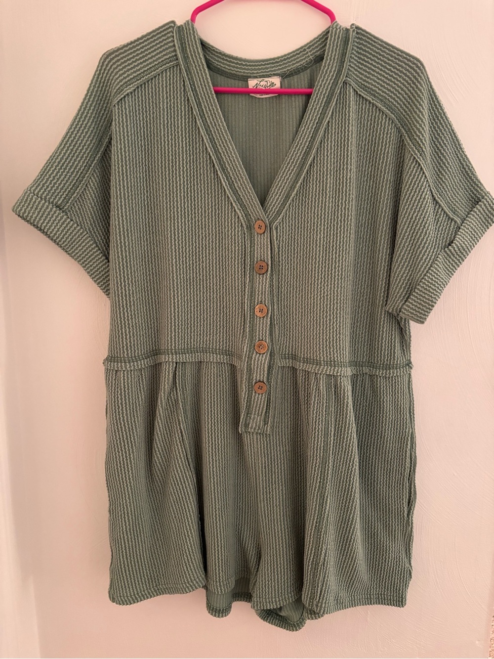 Textured Sage Green Short-Sleeve Romper with Button Front